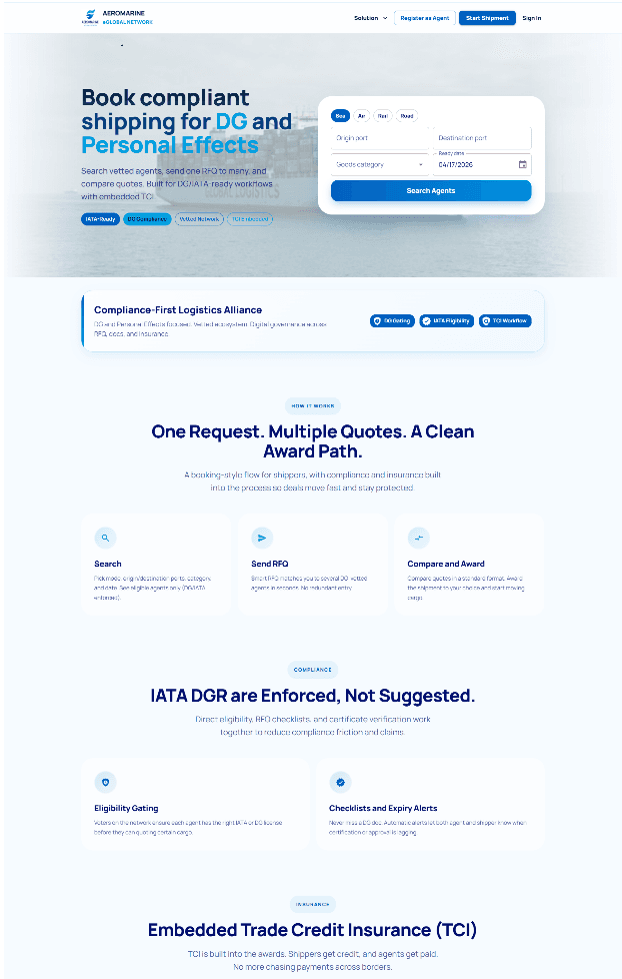 AEROMARINE landing page showing compliant shipping search and workflow sections