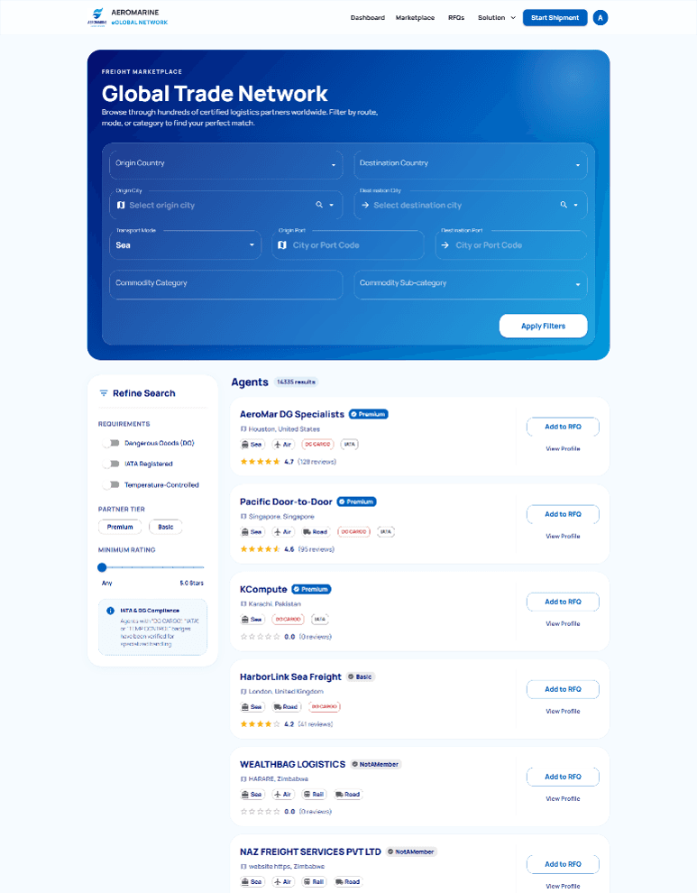 AEROMARINE marketplace screen showing freight agent discovery filters and agent results
