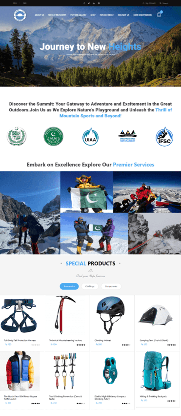 Alpine Club Of Pakistan homepage showing public portal sections and product discovery
