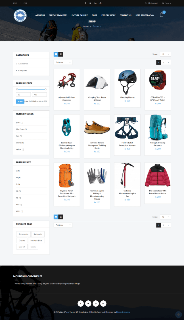 Alpine Club Of Pakistan shop page showing expedition gear products and filters