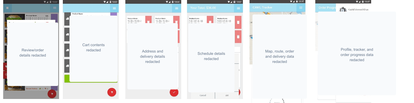 Sanitized CAML order and delivery tracking app screens