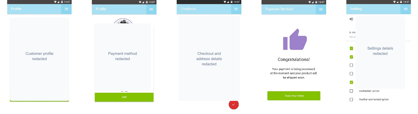 Sanitized CAML profile, payment, checkout, and settings screens