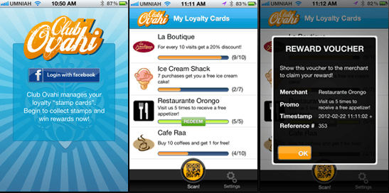 Club OVAHI mobile app screens showing login, loyalty cards, and reward voucher views
