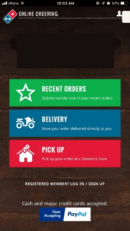 Sanitized Domino's Pakistan order type selection screen
