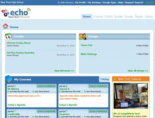Echo NewTech Network learning platform dashboard with courses, events, groups, and resources