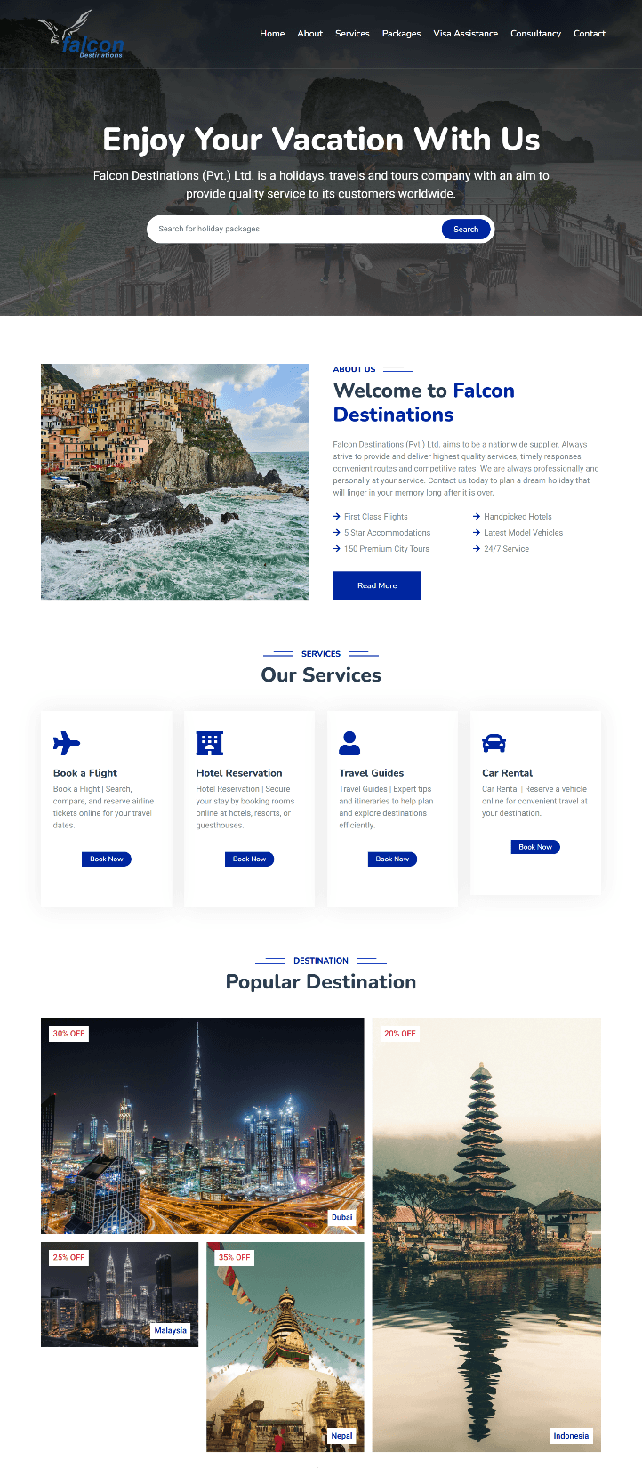 falcon Destinations homepage showing travel packages and service modules