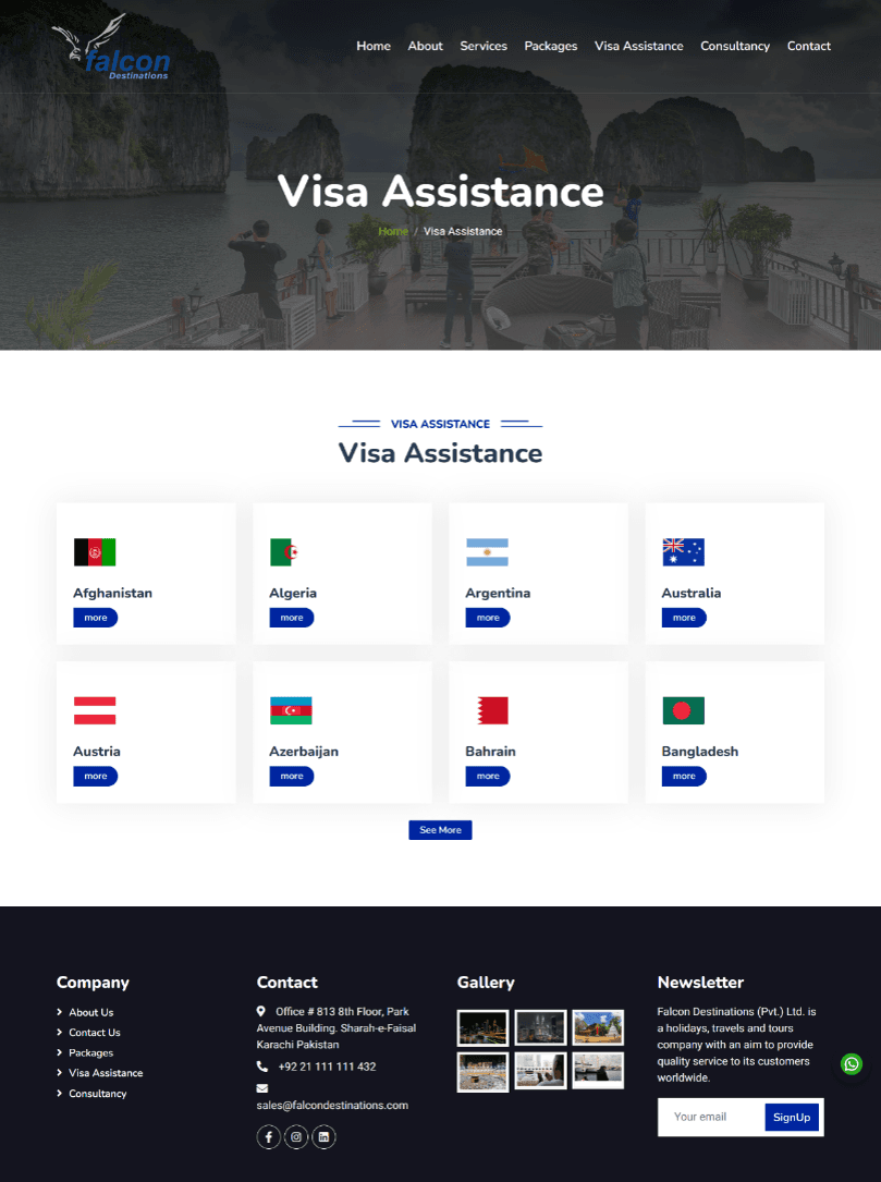 falcon Destinations visa assistance page showing country cards