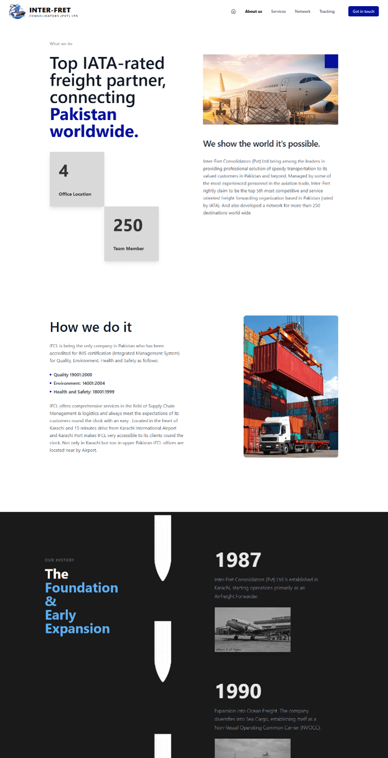 INTER-FRET about page showing freight partner positioning and company history