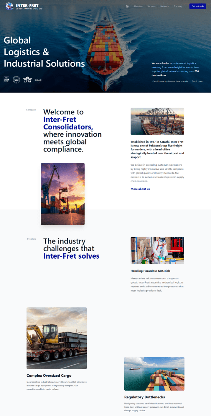 INTER-FRET homepage showing global logistics and industrial solutions