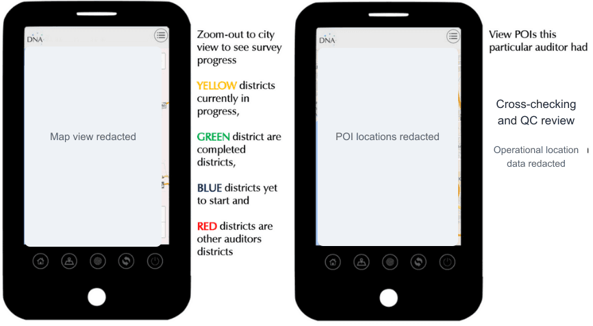 Sanitized mobile POI map and auditor review workflow screens