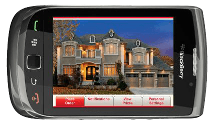 The Princess Margaret Home Lottery mobile interface showing prize imagery and navigation options