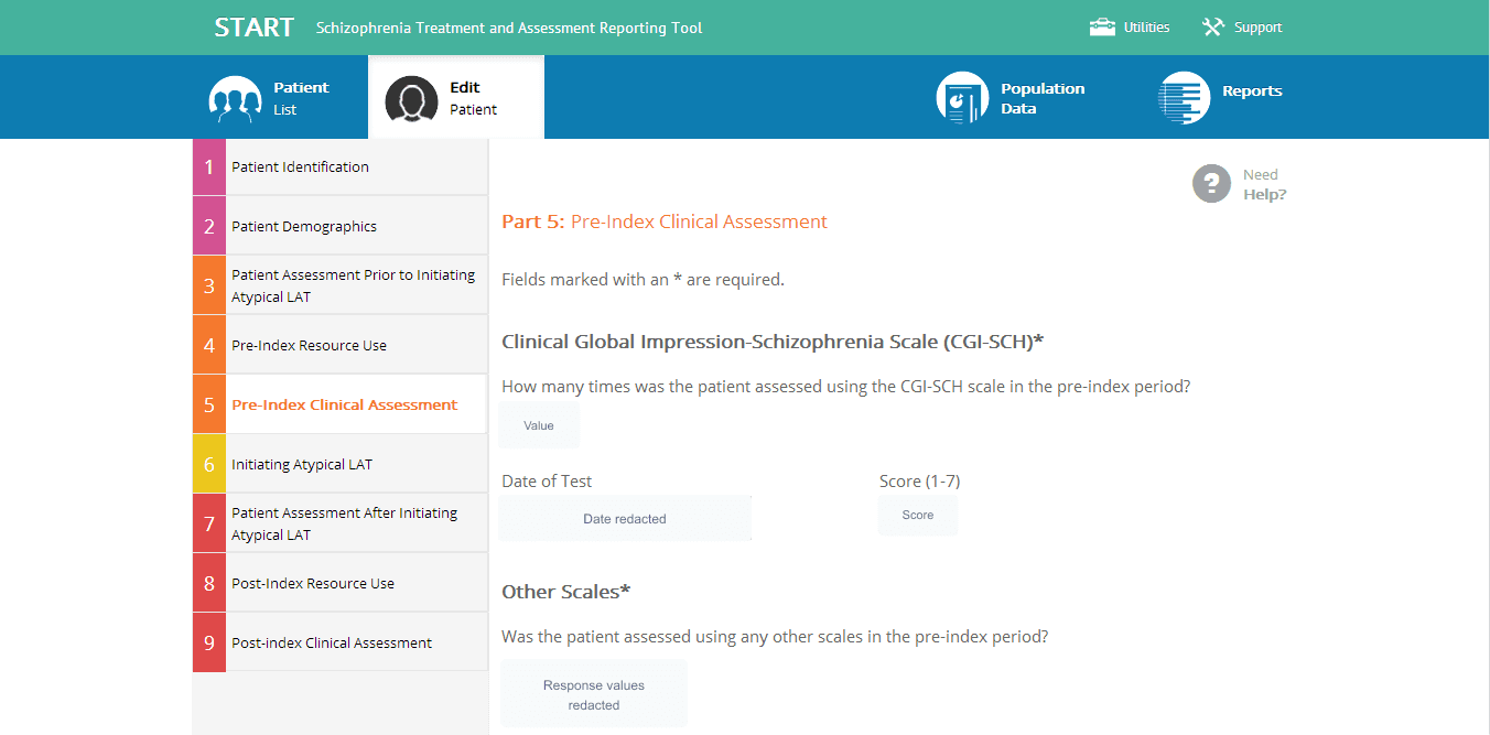 Sanitized schizophrenia assessment workflow screen with clinical values redacted