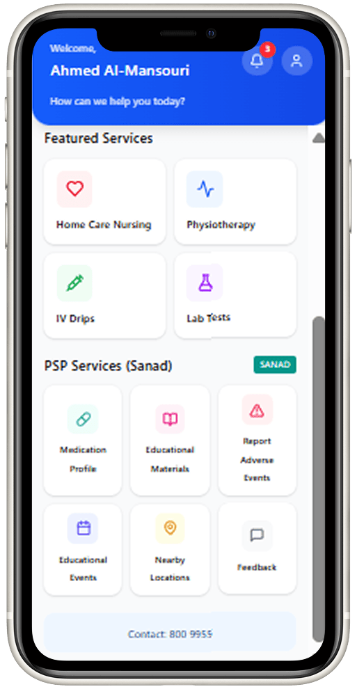 Unified Bayti app screen showing PSP Services Sanad feature cards